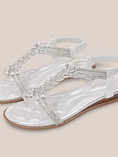 cheap Vacation Sandals-Women&#039;s Rhinestone Embellished T-Strap Sandals – Boho Glitter Flat Sandals with Elastic Ankle Strap for Summer Beach and Party Wear