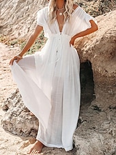 preiswerte Kleider aus Baumwolle und Leinen entwerfen-Damen Maxikleid Leinen-inspirierte Kleider Weißes Kleid Schwingkleid Sommerkleid Streetwear Maxi Basic Urlaub Ferien Strand Lässiger Schnitt Kurzarm V Ausschnitt Schwarz Weiß Khaki Beige Sommer