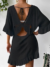 cheap Beach Dresses-Women&#039;s Beach Dresses Mini Dress Backless Ruffle Hem Vacation Beach Streetwear Basic V Neck 3/4 Length Sleeve Black White Color