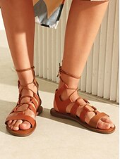 baratos Sandálias de Férias-sandálias rasteiras gladiadoras femininas – sapatos de verão com tiras abertas e design de amarração no tornozelo para estilos casuais e boho chic