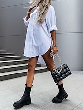 ieftine Rochii Albe Casual-Pentru femei Rochie albă Rochii Tip Cămașă Rochie Mini Birou Dată Poliester De Bază Modern Guler Cămașă Buton Manșon Lung Vară Primăvară Fit regulat Simplu