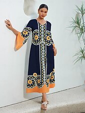 billige uformell kjole med trykk-Dame Resort Wear Maxikjole Navyblå 3/4 ermer Folk Printer Vår sommer V-hals Fritid Strandferie XS S M