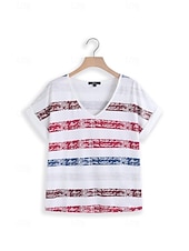 ieftine Tricou cu dungi și geometric-Tricou pentru femei T-Shirt patriotic guler în V dungi roșu alb albastru uzat cu mânecă scurtă casual de vară confortabil potrivire relaxată îmbrăcăminte de zi dimensiuni disponibile