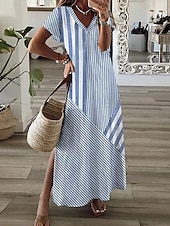 levne Dovolená šaty-dámské ležérní šaty proužek patchwork potisk v krku midi šaty elegantní stylové rande dovolená léto podzim