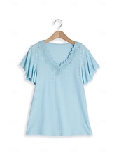cheap Lace Tops-Women's Pointelle Shirt Eyelet Top Lace Shirt Lace Short Sleeve Flutter Sleeve Crew Neck Casual Daily Beach Blue Black White Pink Summer