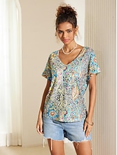 Γυναικείο T-shirt Boho Μπλούζα Paisley Εκτύπωση V-Λαιμό Κοντό Μανίκι Καθημερινό Χαλαρό Στυλ Πολύχρωμο Ελαφρύ Καλοκαίρι Μπλούζα Χαμηλού Κόστους Boho t-shirt-Γυναικείο T-shirt Boho Μπλούζα Paisley Εκτύπωση V-Λαιμό Κοντό Μανίκι Καθημερινό Χαλαρό Στυλ Πολύχρωμο Ελαφρύ Καλοκαίρι Μπλούζα