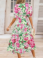 abordables Robes fleuries décontractées-Femme Robe mi-longue Robe casual Robe Évasée Robe Trapèze Robe d&#039;été mode Décontractées Vacances du quotidien Rendez-vous Standard Floral Manche Courte Col V Rose Claire Bleu Orange Vert Eté