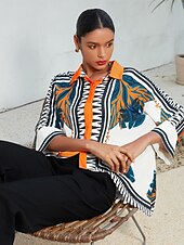 voordelige Blouses &amp;amp; Shirts-Dames Satijnen zijden overhemd Plaid / Gestreept / Chevron Bloem / Planten Alledaagse kleding Magyaarse mouw Zwart Kleurenblok Opdrukken meetkundig 3/4-Lengte Mouw Modern eigentijds Overhemdkraag