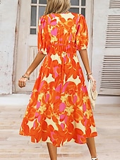 abordables Robes fleuries décontractées-Femme Robe mi-longue Robe casual Robe Évasée Robe Trapèze Robe d&#039;été mode Décontractées Vacances du quotidien Rendez-vous Standard Floral Manche Courte Col V Rose Claire Bleu Orange Vert Eté