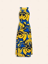 baratos Vestidos de Férias-Mulheres Vestido midi Vestido midi Amarelo Sem Manga Floral Com cinto Estampado Primavera Verão Gola Alta padrão Vestido S M L
