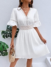 cheap Plain Dress-Women's Knee Length Dress Sundress Casual Dress Vacation Casual Boho Beach Party Date Regular Fit Plain Short Sleeve V Neck Blue White Yellow Red Summer Spring