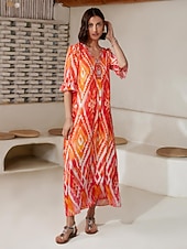 ieftine Rochii florale-Pentru femei Rochie Midi Rochii Midi Portocaliu Manșon scurt Folk Imprimare Primavara vara În V Rochie model S M L