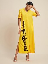 voordelige Bloemenjurken-Dames Zoom Maxi Maxi-jurk Geel Korte mouw Grafische prints Karakters Dichtknopen Zak Zomer V-hals Jurken XS S M