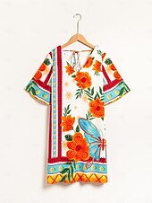 economico Abiti floreali-mini abito da donna con stampa floreale, scollo a V, manica corta, vestito estivo con motivo floreale arancione, casual, abbigliamento da spiaggia, stile elegante