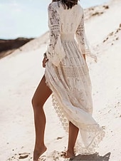 tanie Białe koronkowe sukienki-Damskie Sukienka maxi Biała sukienka Biała koronkowa suknia ślubna Sukienki w stylu boho Sukienka Boho Elegancja Bohema Linia A Urlop Święto Regularny Długi rękaw W serek Biały Morelowy Lato