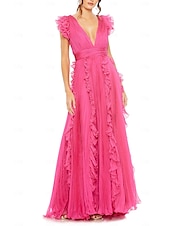abordables Robes pour invitées de mariage-Robe de cérémonie invitée de mariage en A tenue de soirée robe de fête longueur maxi sans manches col en V en mousseline dos en V avec plis