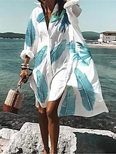 abordables Vestidos casuales blancos-Vestido camisero blanco para mujer, vestido midi, vestido informal para citas, vacaciones, playa, cuello camisero, estampado de botones, manga larga, corte holgado, floral, para verano y primavera