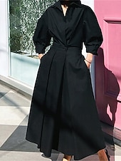 levne Bílé šaty pro volný čas-Dámské Bílé šaty Košilové šaty Bavlněné plátěné šaty Maxi dlouhé šaty Rande Dovolená Polyester Základní Košilový límec Tlačítko Kapsy Dlouhý rukáv Léto Jaro Běžný Bez vzoru