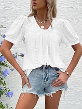 billige Blonder topper-Dame Bluse Elegant Bohem Kortermet Crew-hals Feriereise Daglig Ut på byen knyttede Hvit Rosa Militærgrønn Grønn Sommer