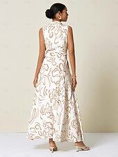levne Květinové šaty-Dámské letní maxi šaty bez rukávů s áčkovým límcem a páskem, tvarované kapsy, látka v pase, slim fit, modrá, zelená, béžová