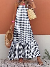 tanie Wakacyjne sukienki-damska sukienka na co dzień sukienka typu swing sukienka typu slip geometryczna krata z odkrytymi plecami nadruk na ramiączkach długa sukienka maxi sukienka stylowa na co dzień randka bez rękawów lato