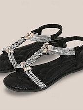 cheap Vacation Sandals-Women&#039;s Rhinestone Embellished T-Strap Sandals – Boho Glitter Flat Sandals with Elastic Ankle Strap for Summer Beach and Party Wear
