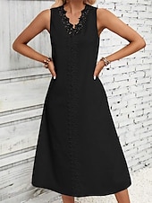 preiswerte Weiße Spitzenkleider-Damen Weißes Kleid Midikleid Baumwolle Spitze Patchwork Verabredung Urlaub Strassenmode Basic V Ausschnitt Ärmellos Schwarz Weiß Farbe