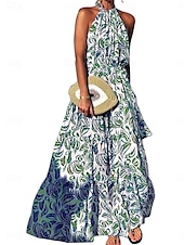 ieftine Rochii de Vacanță-Pentru femei Rochie Lunga Rochie Maxi Rochie casual Rochie leagăn Rochie A line Rochie de vară Stilat Casual Vacanță Zilnic Dată Fit regulat Floral Fără manșon Gâtul halter Albastru piscină Trifoi
