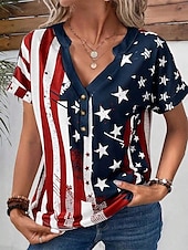 ieftine Ziua Independenței Top-Tricou patriotic femei cu steag american stilat roșu alb și albastru mânecă scurtă gât în V regular print cu butoane albastru vară