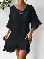 cheap Beach Dresses-Women&#039;s Beach Dresses Mini Dress Backless Ruffle Hem Vacation Beach Streetwear Basic V Neck 3/4 Length Sleeve Black White Color