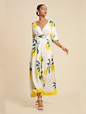 halpa Tyylikkäät kukkaiset mekot-Naisten Helma Maxi Satiini Maxi Maksimekko Keltainen Puolihiha Hedelmä Painettu Kevät ja kesä V kaula-aukko Hameet Loma S M L