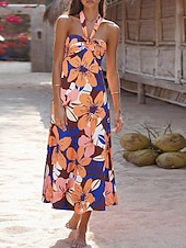 abordables Robes de vacances-Femme robe longue Robe casual Robe Évasée Robe Trapèze Robe d&#039;été mode Décontractées Vacances du quotidien Rendez-vous Standard Floral Feuille Sans Manches Dos nu Rouge Violet Orange Vert Eté