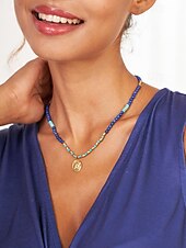 baratos Colar Feminino-Mulheres Colares com Pendentes Colares em Corrente Colar de miçangas Azul Latão Minerais Naturais Elegante Boêmia Moda Redonda