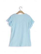 cheap Lace Tops-Women's Pointelle Shirt Eyelet Top Lace Shirt Lace Short Sleeve Flutter Sleeve Crew Neck Casual Daily Beach Blue Black White Pink Summer