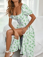 cheap Casual Floral Dresses-Women&#039;s Casual Dress Swing Dress Floral Split Print Square Neck Midi Dress Stylish Casual Daily Date Short Sleeve Summer