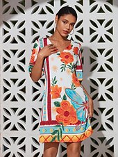 economico Abiti floreali-mini abito da donna con stampa floreale, scollo a V, manica corta, vestito estivo con motivo floreale arancione, casual, abbigliamento da spiaggia, stile elegante