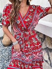 abordables Robes Bohémiennes-Femme Mini robe Robe casual Robe Trapèze Robe d&#039;été robe boheme mode Ethnique Décontractées Vacances du quotidien Rendez-vous Standard Floral Manche Courte Col V Noir Rouge Bordeaux Vert Eté