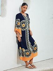 billige uformell kjole med trykk-Dame Resort Wear Maxikjole Navyblå 3/4 ermer Folk Printer Vår sommer V-hals Fritid Strandferie XS S M