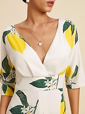 halpa Tyylikkäät kukkaiset mekot-Naisten Helma Maxi Satiini Maxi Maksimekko Keltainen Puolihiha Hedelmä Painettu Kevät ja kesä V kaula-aukko Hameet Loma S M L