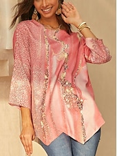 billiga Kvinnors Konst &amp; Design Toppar-Kvinnors blus chiffong daglig grundläggande neongrön  ljus abstrakt tryck långärmad lång toppar rund hals avslappnad ljusgrön rosa blå grön beige höst  vinter