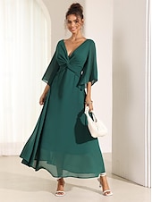 economico Abiti da festa-abito da cocktail per invitati a nozze da donna in chiffon tinta unita con volant intrecciato elegante abito lungo estivo scollo a V svasato manica a 3/4