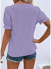 cheap Plain tee-Women&#039;s White Elegant Lace Tops Eyelet Blouse Dressy Tops Plain Regular Tops Short Sleeve Puff Sleeve V Neck Lace Regular Fit Vacation Daily Romantic Petite Tops Summer Holiday Wear Blue Purple Khaki