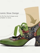 preiswerte Mary Jane Pumps-Women's Green Leather Mary Jane Heels with Floral Print, Ribbon Ties, and Retro Style - Perfect for Vintage-Themed Events and Daily Elegance