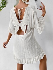 cheap Beach Dresses-Women&#039;s Beach Dresses Mini Dress Backless Ruffle Hem Vacation Beach Streetwear Basic V Neck 3/4 Length Sleeve Black White Color