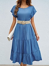 abordables Robes décontractées-Robe casual Femme Robe mi-longue Ruché Travail Vacances Décontractées Col Ras du Cou Manche Courte Ample Bleu S M L XL
