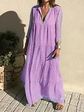 billige Uformelle blomsterkjoler-kvinners fritidskjole svingkjole blomsterprint v-hals lang kjole maxikjole tilfeldig boho daglig ferie langermet sommer