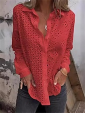 cheap Lace Tops-Women&#039;s White Elegant Lace Tops Eyelet Blouse Plain Button Cut Out Street Daily Fashion Shirt Collar Regular Fit Romantic Petite Tops Summer Holiday Wear Black White Red
