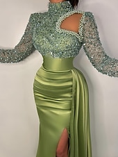 preiswerte BLAU-Meerjungfrau Abendkleid Pailletten Elegantes Kleid Formal Sweep  Brush Zug Lange Ärmel Hoher Hals Satin mit Perlen Maskeradenkleid 2025