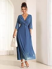 economico Abiti da festa-abito da cocktail per invitati a nozze da donna in chiffon tinta unita con volant intrecciato elegante abito lungo estivo scollo a V svasato manica a 3/4