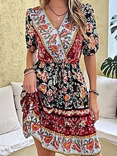abordables Robes Bohémiennes-Femme Mini robe Robe casual Robe Trapèze Robe d&#039;été robe boheme mode Ethnique Décontractées Vacances du quotidien Rendez-vous Standard Floral Manche Courte Col V Noir Rouge Bordeaux Vert Eté